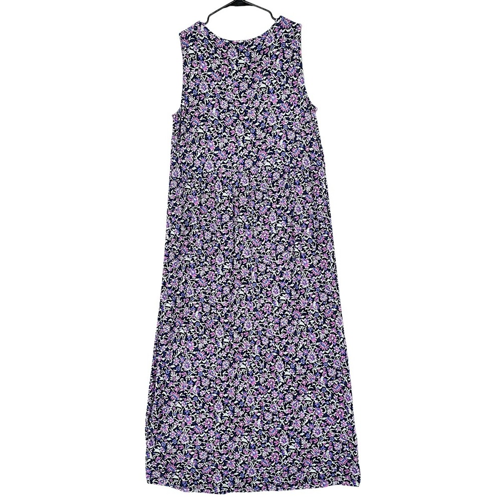 J Jill Maxi Dress M Floral Purple Jersey Shift Sleeveless Beach Resortwear 53" - Picture 3 of 13